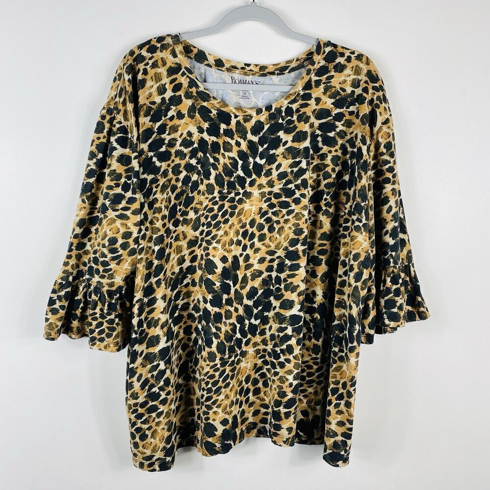 Roaman's Plus Size 22 24 Animal Print Ruffle Sleeve Top Black Tan Scoop Neck
